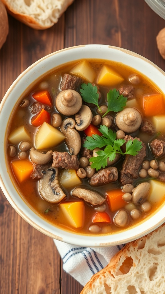 A bowl of beef and barley soup with mushrooms and carrots, garnished with parsley, on a rustic table next to a slice of bread.